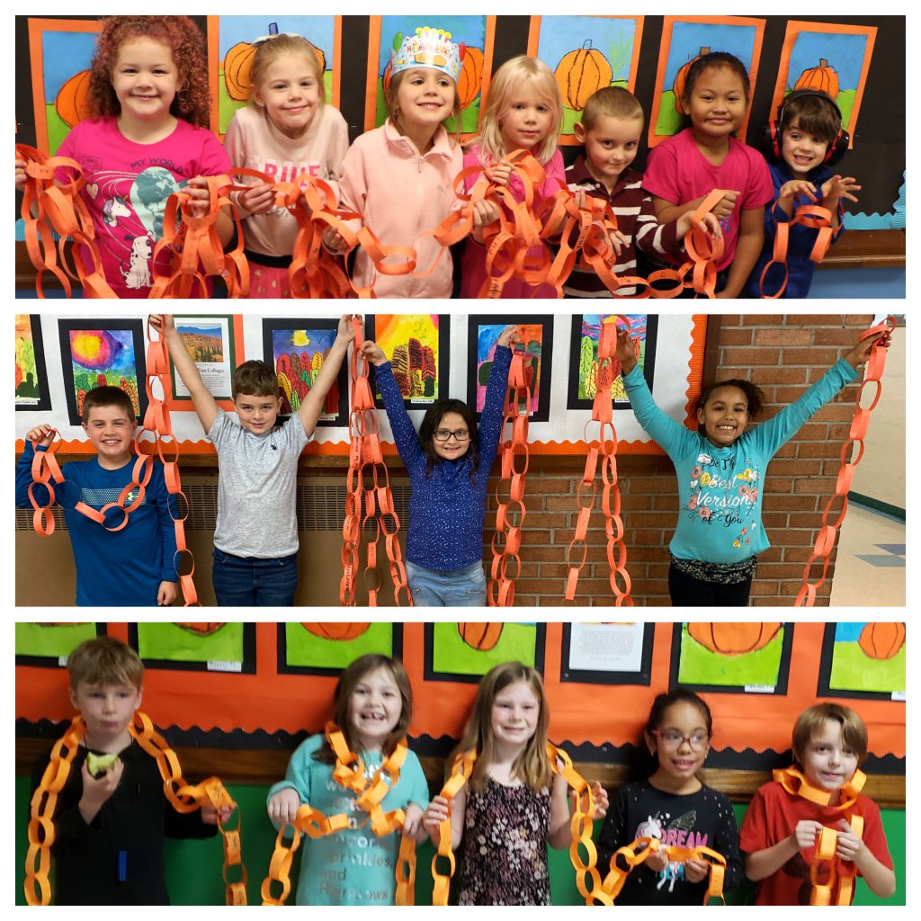 composite photo of three groups of students all holding orange paper chains, smiling