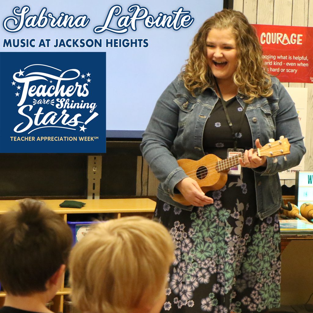 Happy music teacher playing the ukelele in an elementary classroom with the Teacher Appreciation Week graphic