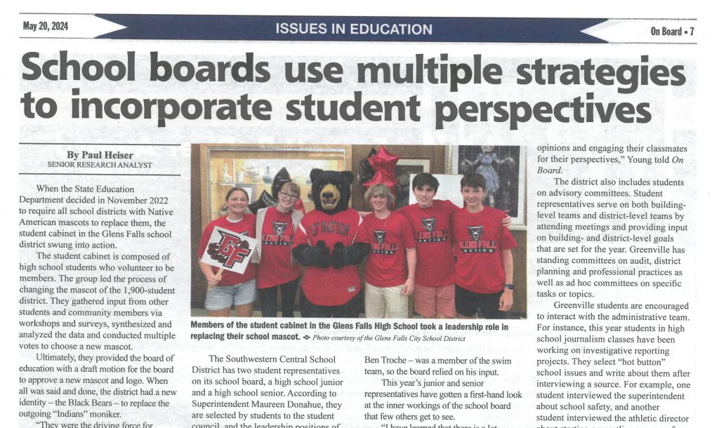screenshot of the OnBoard newspaper article entitled "School boards use multiple strategies to incorporate student perspectives" and a photo of Student Cabinet members smiling with the Black Bear mascot