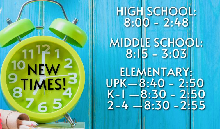 New school start times for 2024 - HS at 8am, MS at 8:15, elementary K-4 at 8:30 and UPK at 8:40 AM