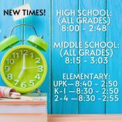 New school start times for 2024 - HS at 8am, MS at 8:15, elementary K-4 at 8:30 and UPK at 8:40 AM