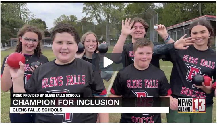 screen shot of Channel 13 news story showing happy student-athletes playing Unified Bocce