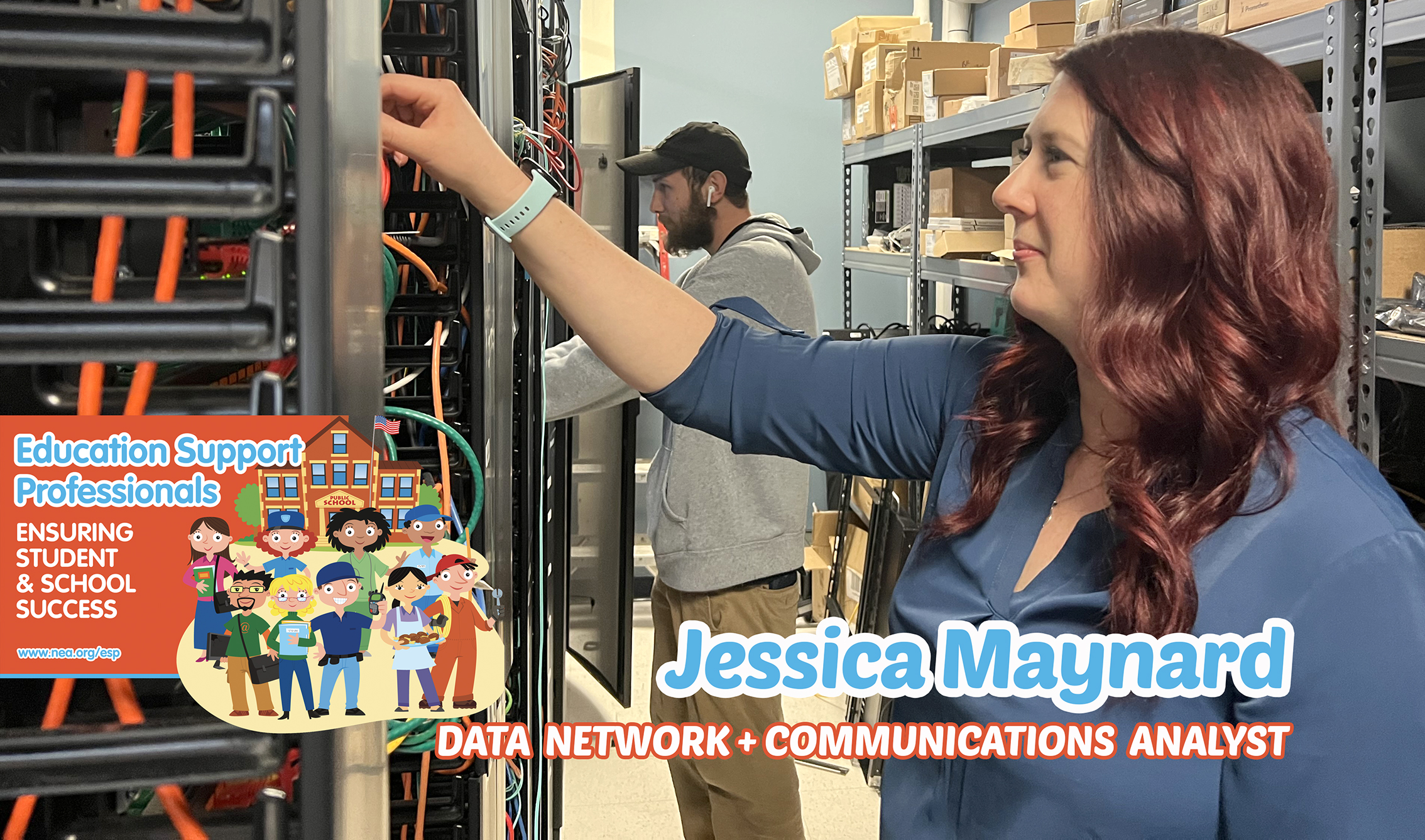 Jess adjusting wires in the server room with an IT assistant behind her, trying to work as well as she does