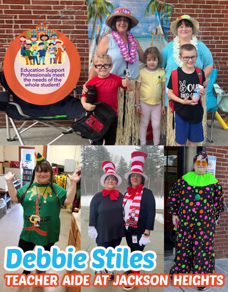 Composite photo of some of the costumes Mrs. Stiles has dressed up in - clown, Cat in the Hat, Luau, etc.